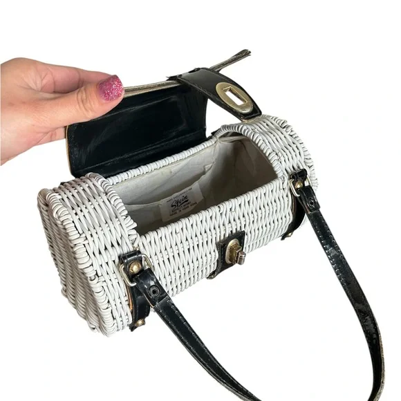 Woven White and Black Cylindrical Handbag - Picture 9 of 11
